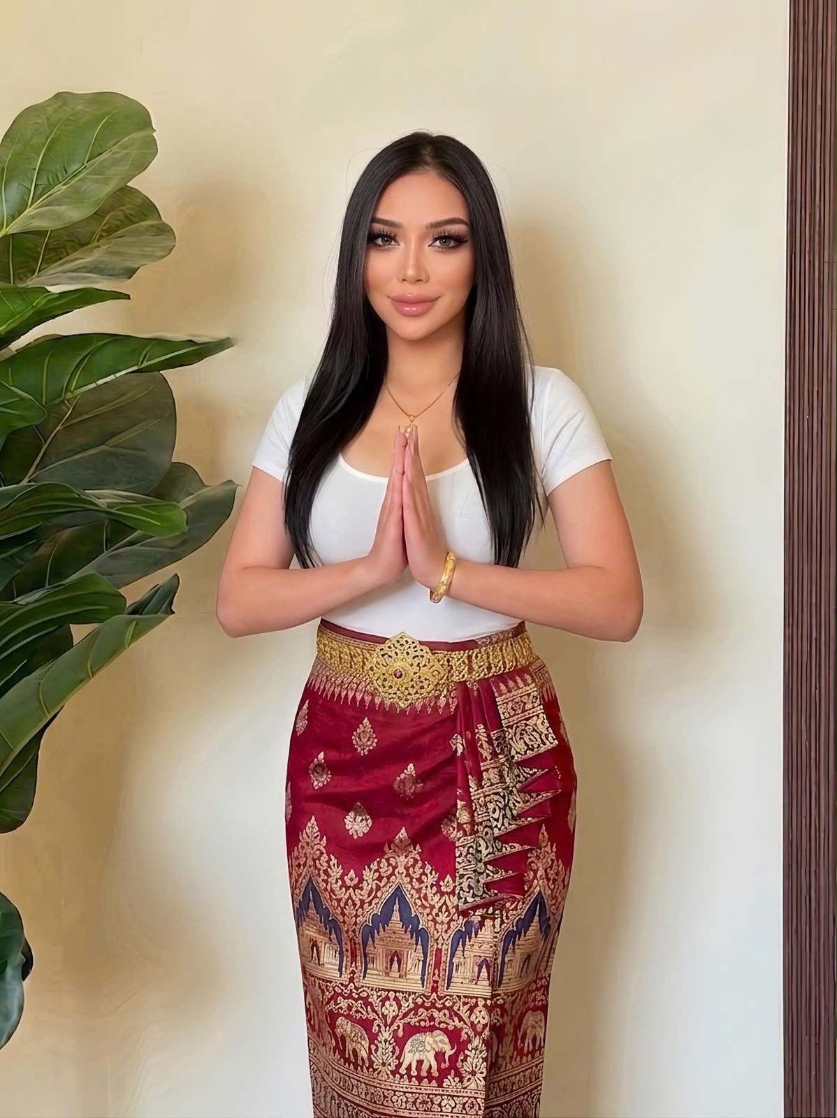 Traditional Thai wellness therapist in royal silk uniform offering home hotel service in Bahrain